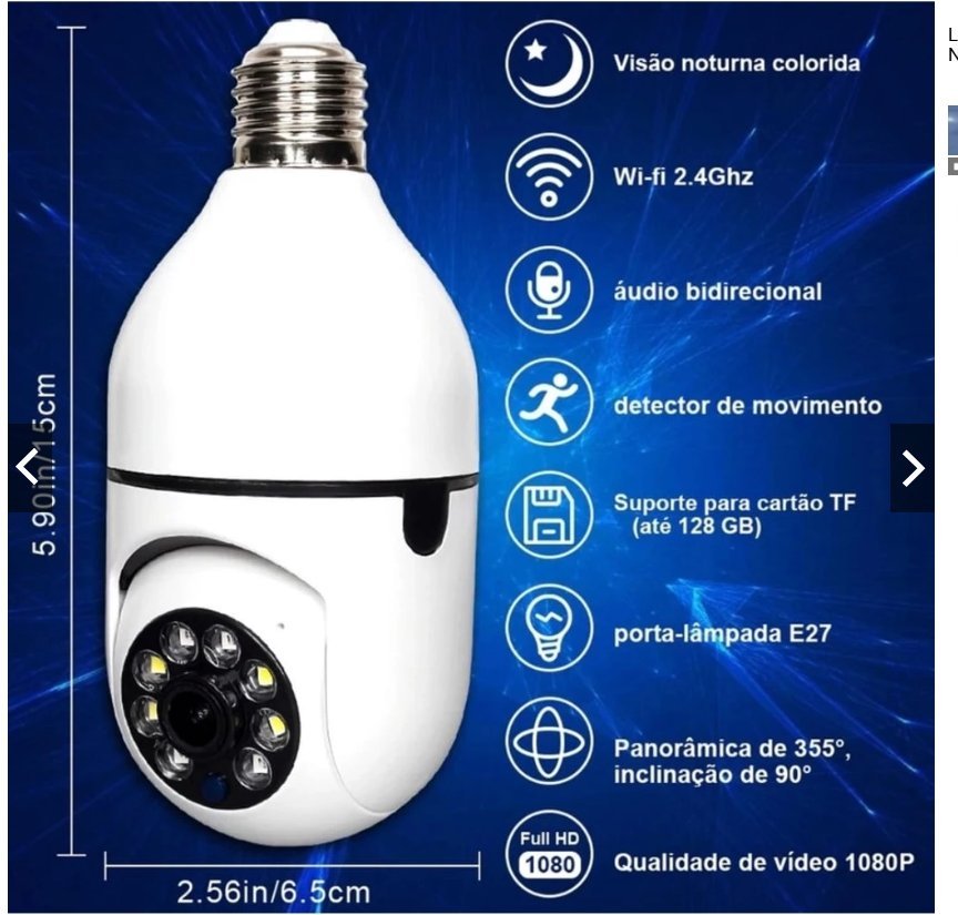 Lâmpada câmera WiFi 360° instalada em soquete, com visão noturna colorida